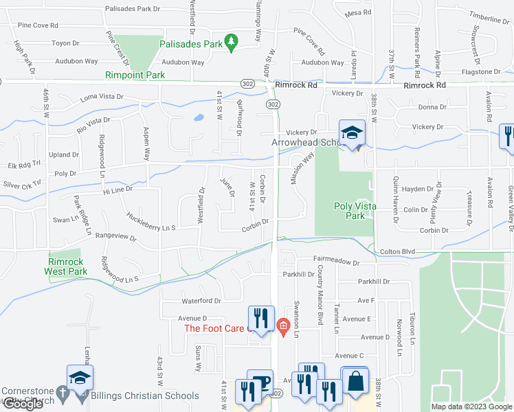 map of restaurants, bars, coffee shops, grocery stores, and more near 2303 41st Street West in Billings
