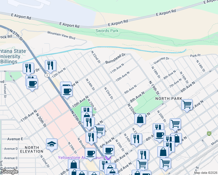 map of restaurants, bars, coffee shops, grocery stores, and more near 946 North 22nd Street in Billings
