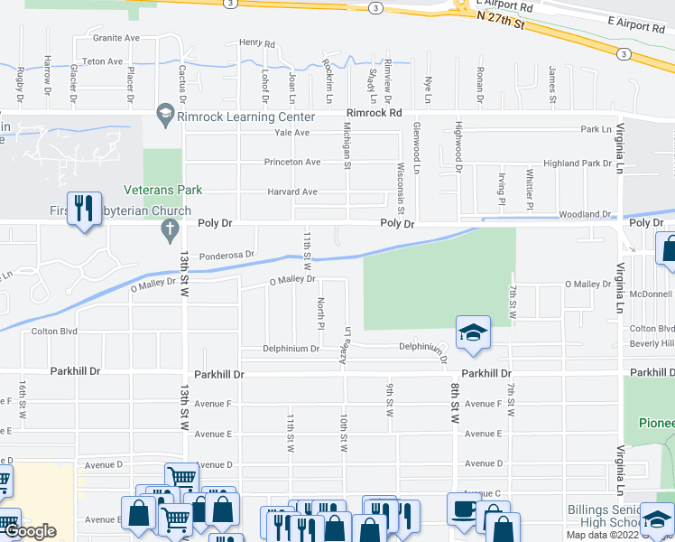 map of restaurants, bars, coffee shops, grocery stores, and more near 1011 O Malley Drive in Billings