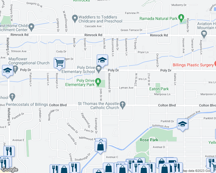 map of restaurants, bars, coffee shops, grocery stores, and more near 2302 Meadowood Street in Billings