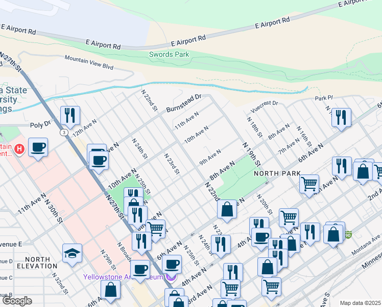 map of restaurants, bars, coffee shops, grocery stores, and more near 923 North 22nd Street in Billings