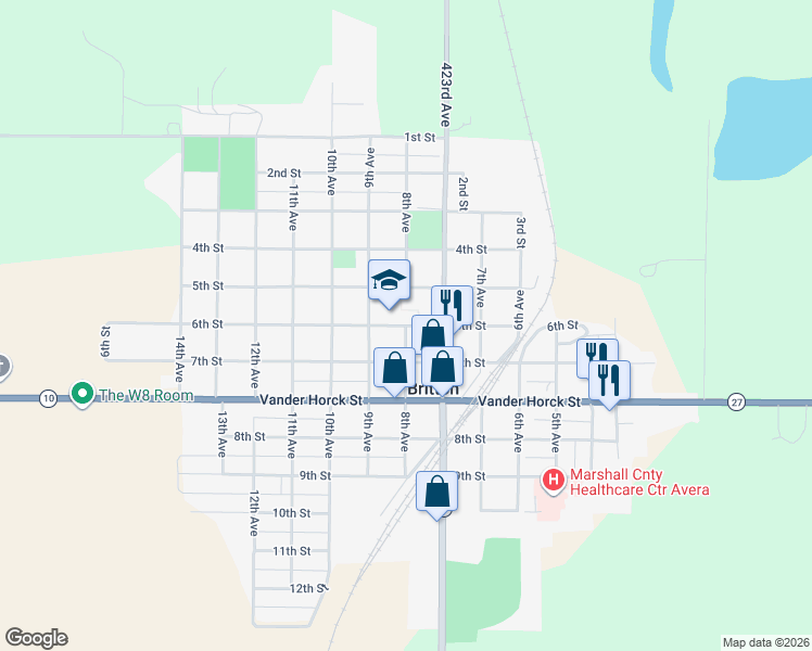 map of restaurants, bars, coffee shops, grocery stores, and more near 8th Avenue in Britton
