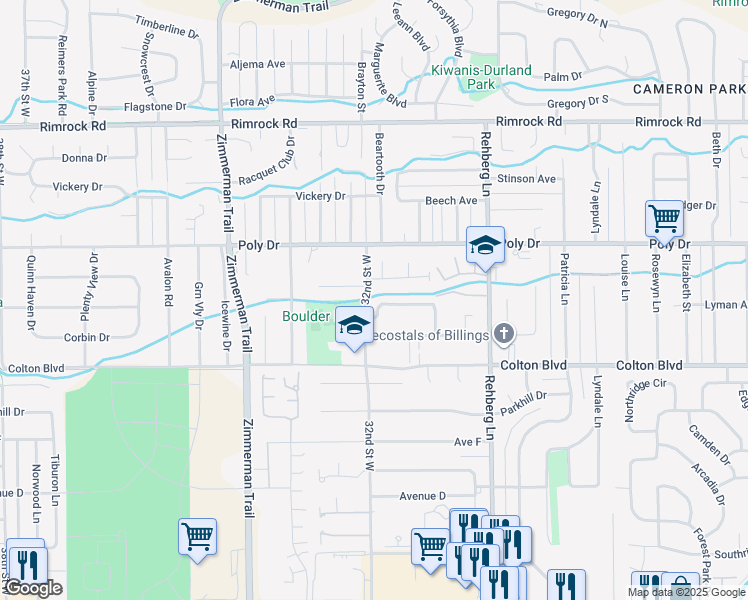 map of restaurants, bars, coffee shops, grocery stores, and more near 3194 Viola Lane in Billings