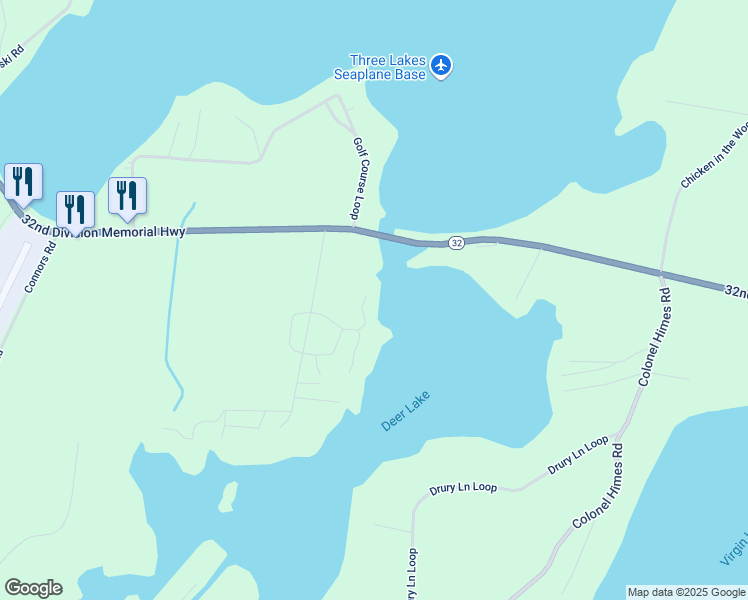 map of restaurants, bars, coffee shops, grocery stores, and more near 831 Wisconsin 32 in Three Lakes