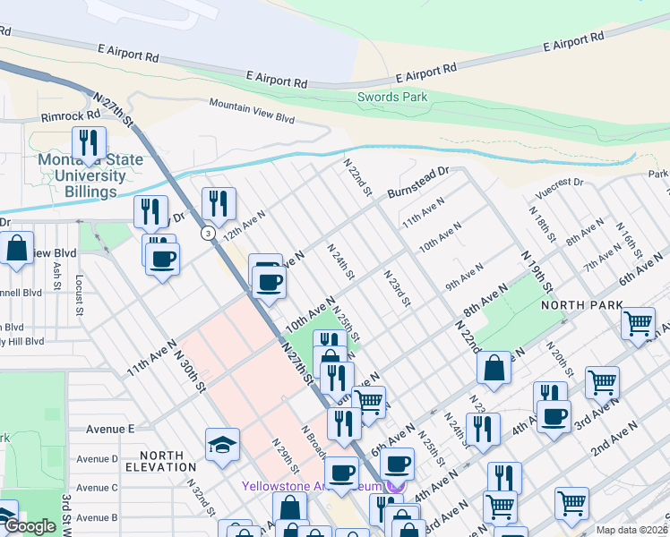 map of restaurants, bars, coffee shops, grocery stores, and more near 1018 North 24th Street in Billings