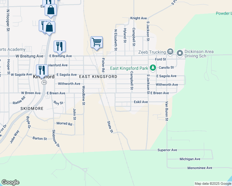 map of restaurants, bars, coffee shops, grocery stores, and more near 699 Elizabeth St in Kingsford