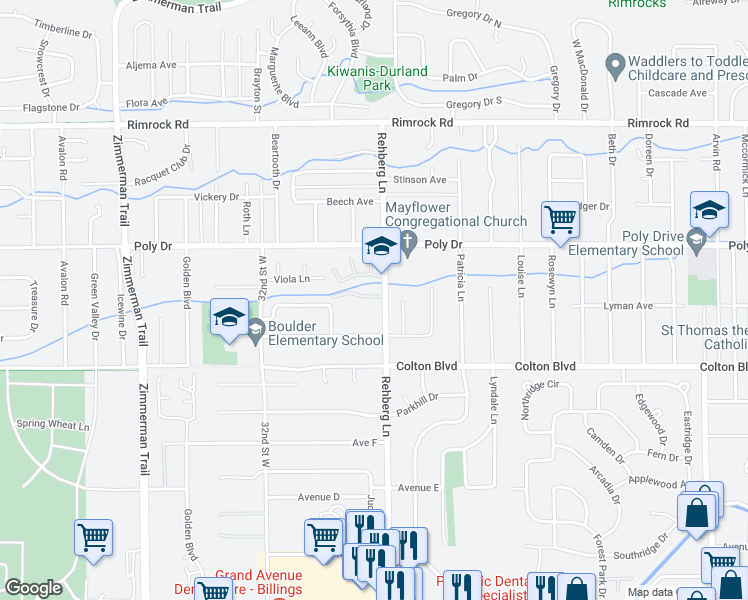 map of restaurants, bars, coffee shops, grocery stores, and more near 2316 Rehberg Lane in Billings