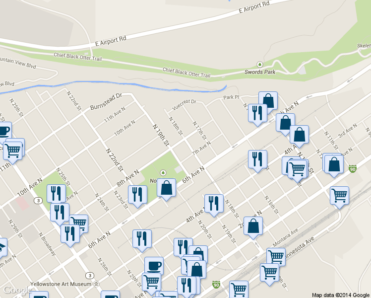 map of restaurants, bars, coffee shops, grocery stores, and more near 720 North 18th Street in Billings