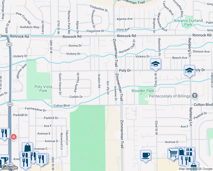 map of restaurants, bars, coffee shops, grocery stores, and more near 2312 Green Valley Dr in Billings