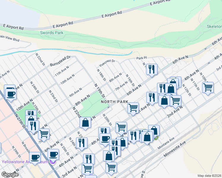 map of restaurants, bars, coffee shops, grocery stores, and more near 720 North 18th Street in Billings