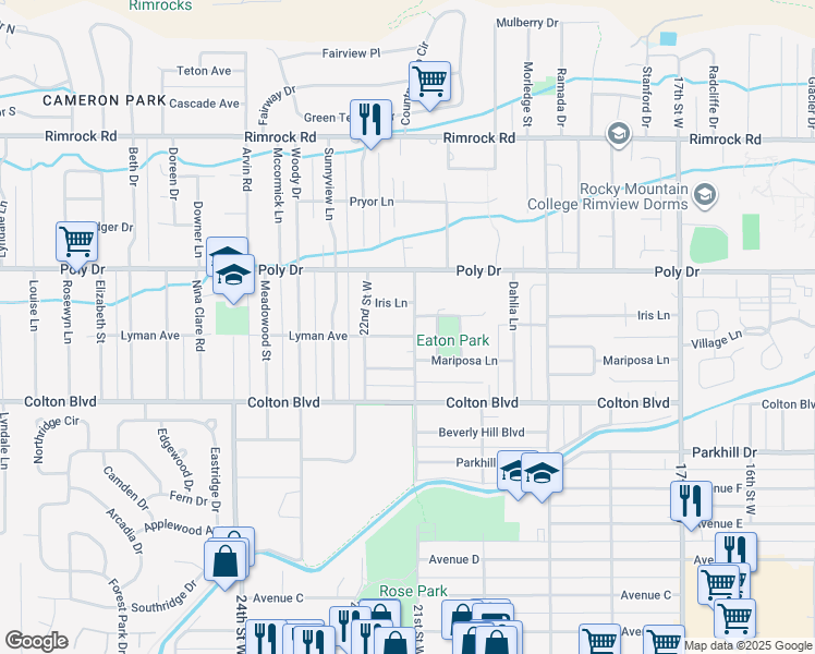 map of restaurants, bars, coffee shops, grocery stores, and more near 2101 Lyman Avenue in Billings