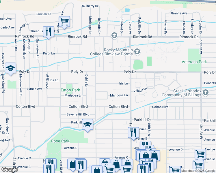 map of restaurants, bars, coffee shops, grocery stores, and more near 1814 Iris Lane in Billings