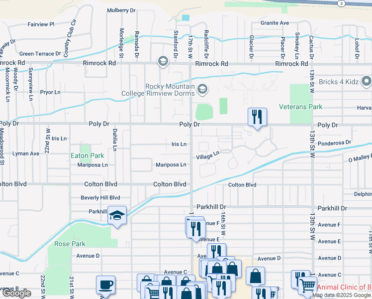 map of restaurants, bars, coffee shops, grocery stores, and more near 1705 Iris Lane in Billings
