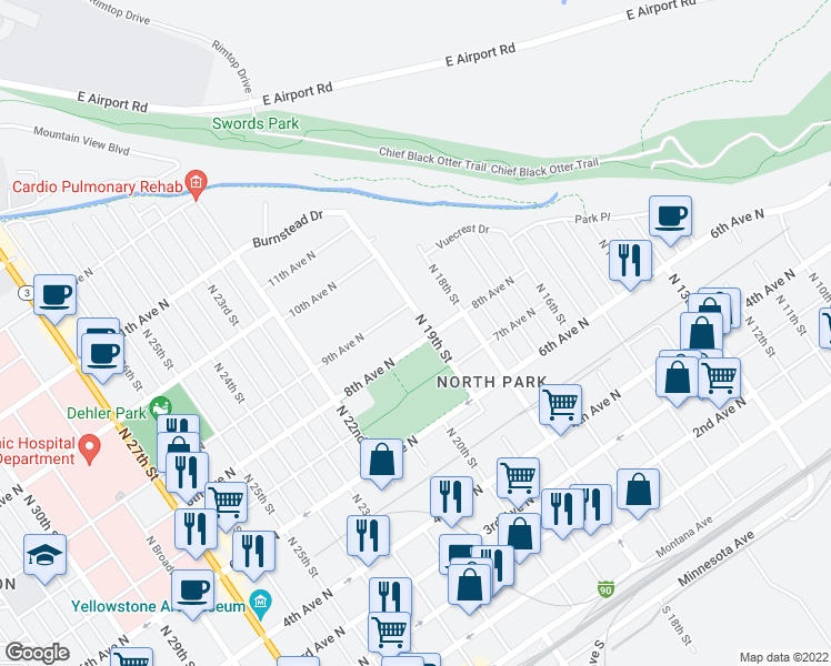 map of restaurants, bars, coffee shops, grocery stores, and more near 1911 8th Avenue North in Billings