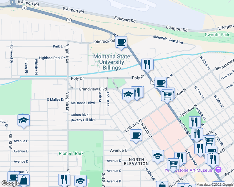 map of restaurants, bars, coffee shops, grocery stores, and more near 1233 N 30th St in Billings