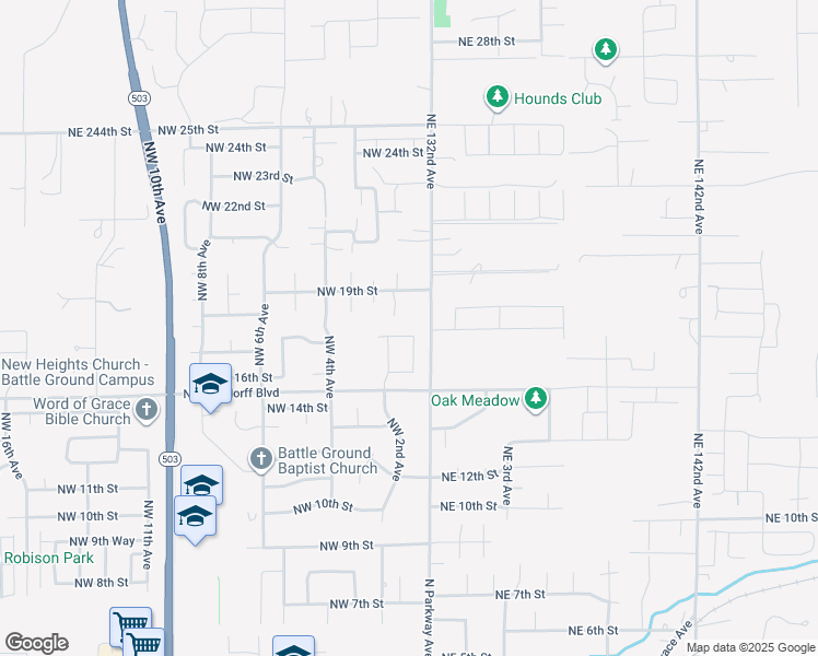 map of restaurants, bars, coffee shops, grocery stores, and more near 102 Northwest 17th Street in Battle Ground