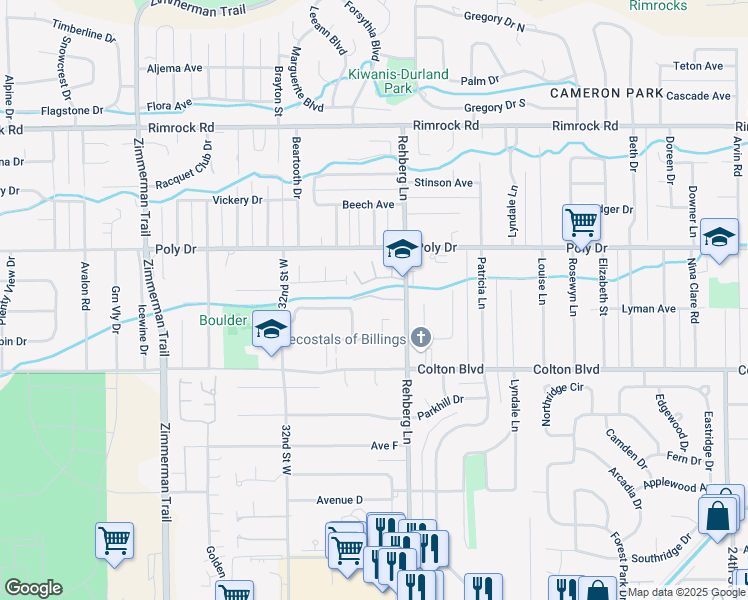 map of restaurants, bars, coffee shops, grocery stores, and more near 2324 Rehberg Lane in Billings