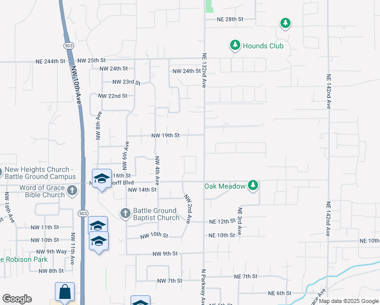 map of restaurants, bars, coffee shops, grocery stores, and more near 102 Northwest 17th Street in Battle Ground