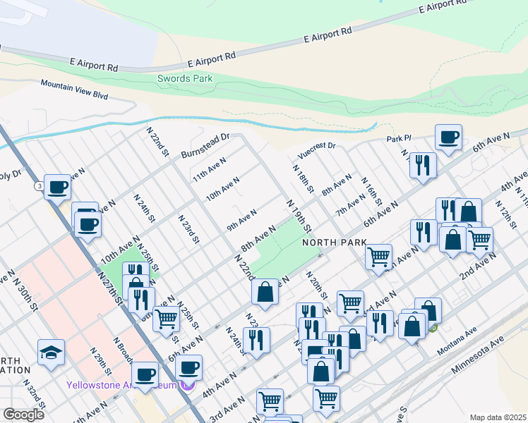 map of restaurants, bars, coffee shops, grocery stores, and more near 2006 9th Avenue North in Billings