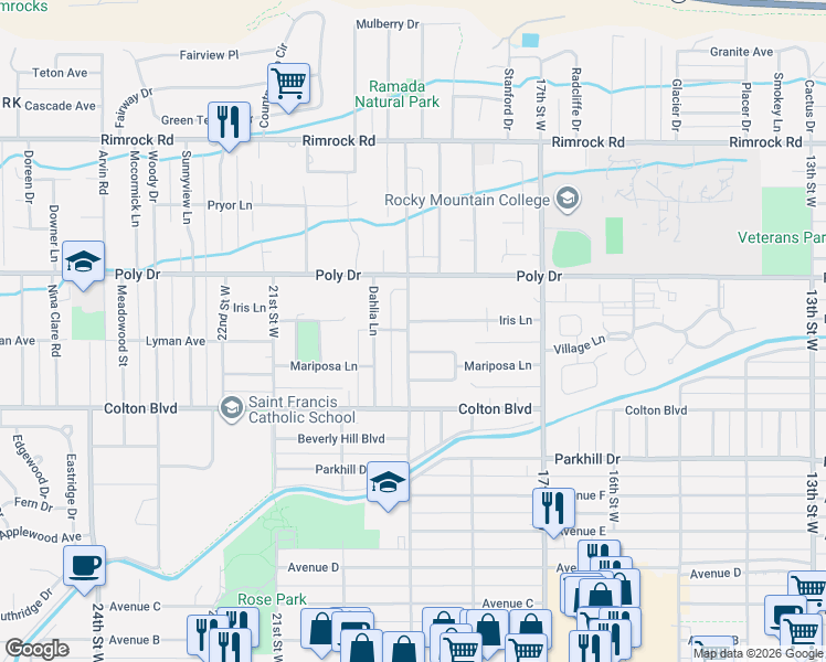 map of restaurants, bars, coffee shops, grocery stores, and more near 2315 Hoover Avenue in Billings