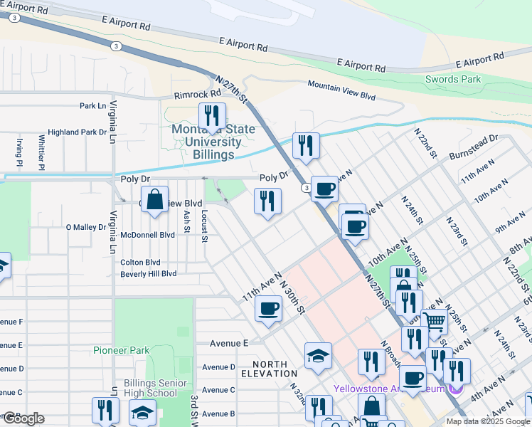 map of restaurants, bars, coffee shops, grocery stores, and more near 1233 North 30th Street in Billings