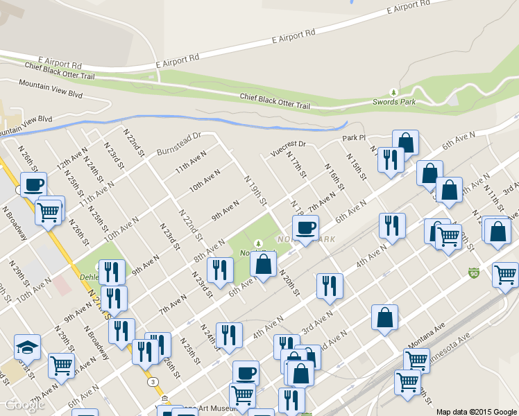 map of restaurants, bars, coffee shops, grocery stores, and more near 802 North 19th Street in Billings