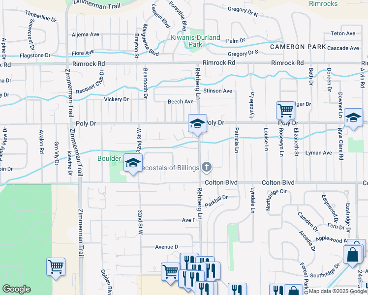 map of restaurants, bars, coffee shops, grocery stores, and more near 2316 Rehberg Lane in Billings