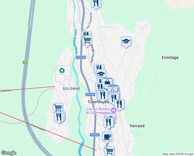 map of restaurants, bars, coffee shops, grocery stores, and more near 43 Viale Monte Bianco in Courmayeur