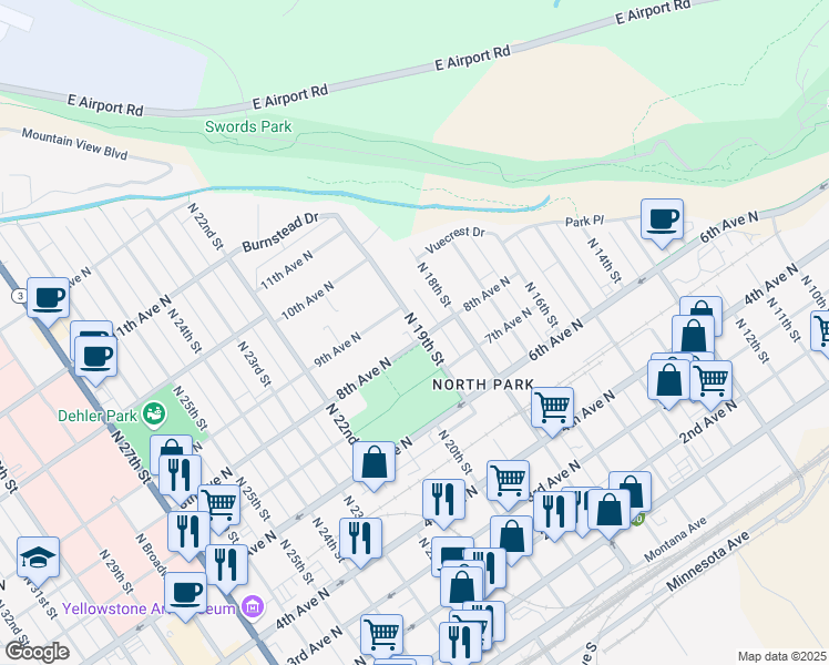 map of restaurants, bars, coffee shops, grocery stores, and more near 802 North 19th Street in Billings
