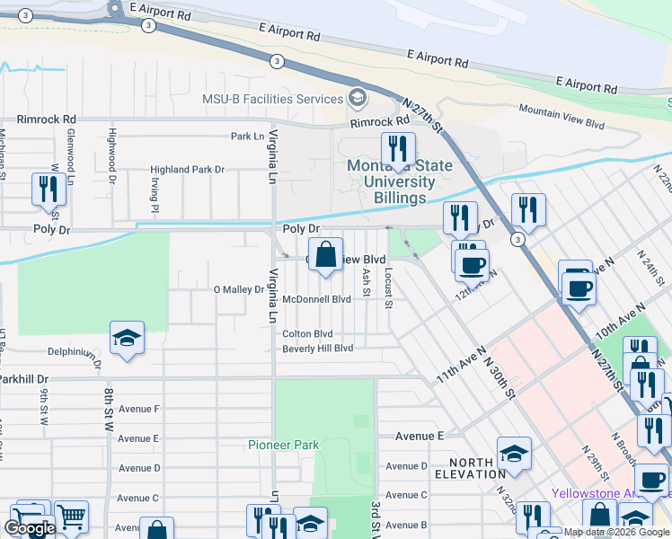 map of restaurants, bars, coffee shops, grocery stores, and more near 2328 Elm Street in Billings