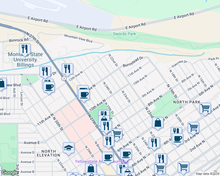 map of restaurants, bars, coffee shops, grocery stores, and more near 1018 North 24th Street in Billings