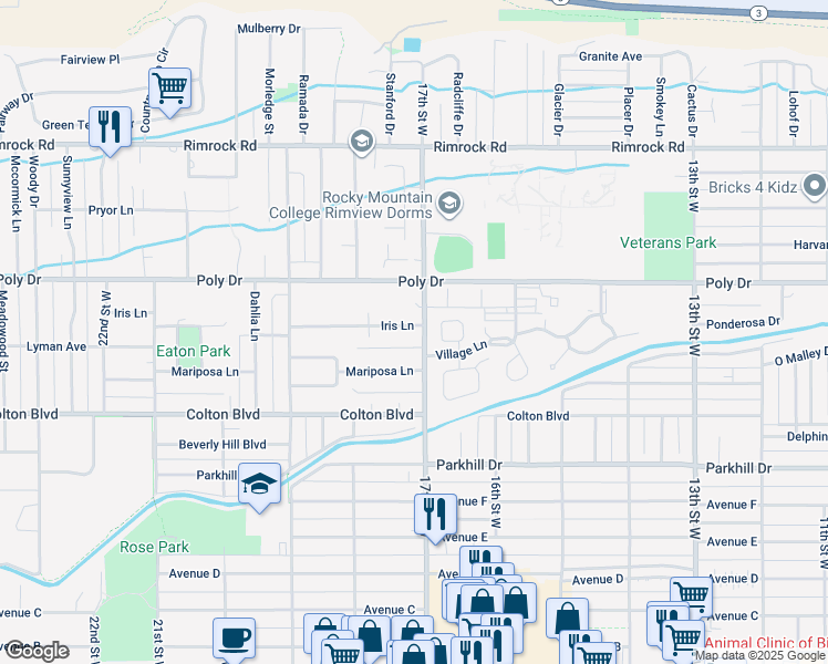 map of restaurants, bars, coffee shops, grocery stores, and more near 1705 Iris Lane in Billings