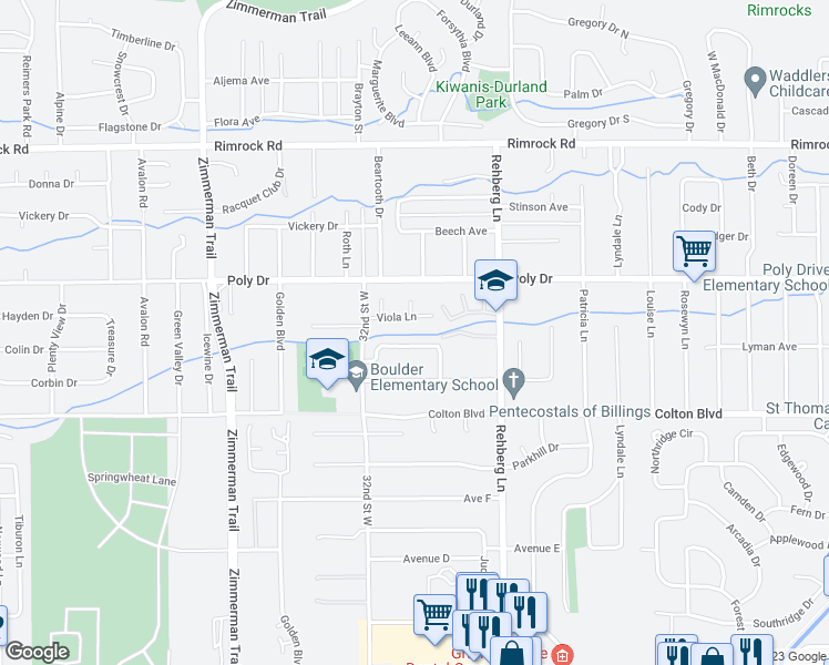 map of restaurants, bars, coffee shops, grocery stores, and more near 3174 Viola Lane in Billings