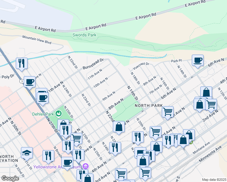 map of restaurants, bars, coffee shops, grocery stores, and more near 2015 9th Avenue North in Billings