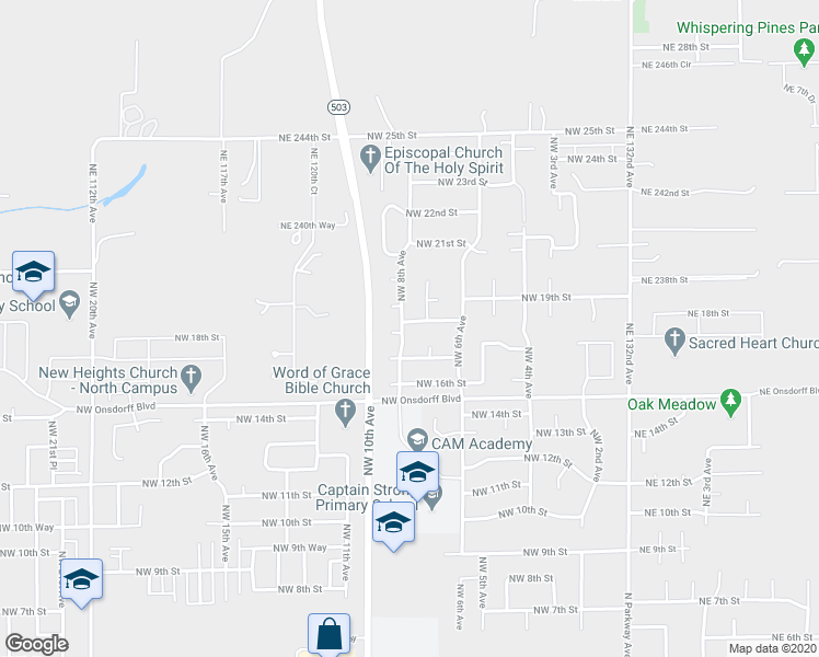 map of restaurants, bars, coffee shops, grocery stores, and more near 1707 Northwest 8th Avenue in Battle Ground