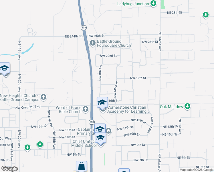 map of restaurants, bars, coffee shops, grocery stores, and more near 625 Northwest 18th Street in Battle Ground