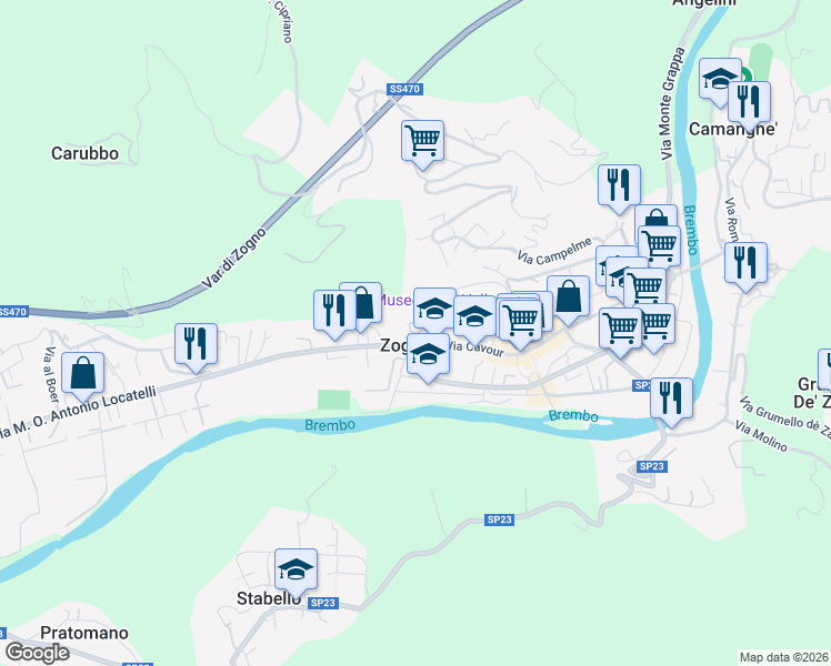 map of restaurants, bars, coffee shops, grocery stores, and more near in Zogno