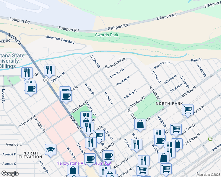 map of restaurants, bars, coffee shops, grocery stores, and more near 946 N 22nd St in Billings