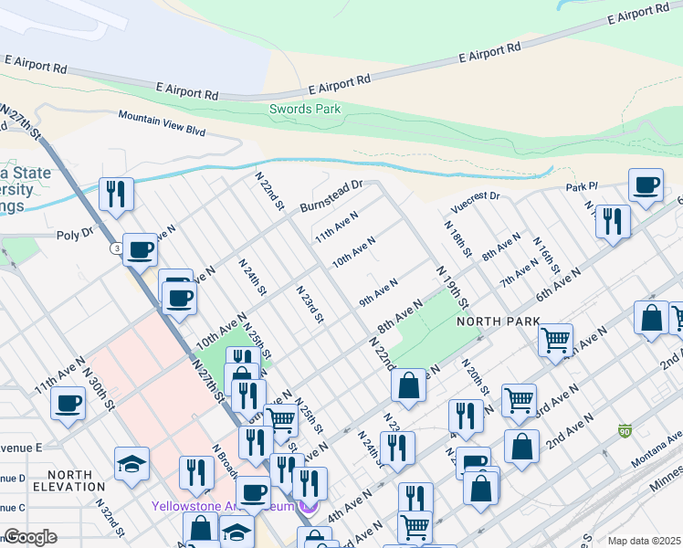 map of restaurants, bars, coffee shops, grocery stores, and more near 923 North 22nd Street in Billings