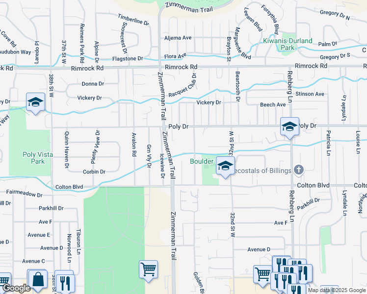 map of restaurants, bars, coffee shops, grocery stores, and more near 3318 Poly Drive in Billings