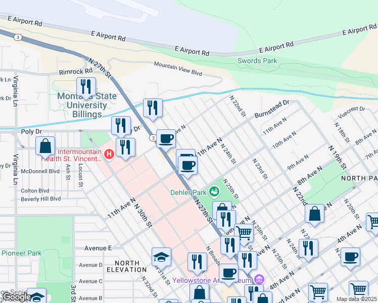 map of restaurants, bars, coffee shops, grocery stores, and more near 1109 North 26th Street in Billings