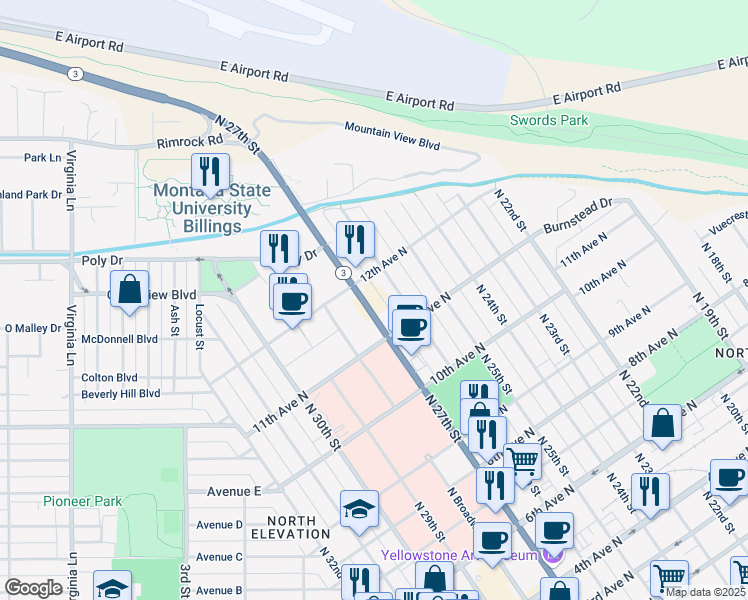 map of restaurants, bars, coffee shops, grocery stores, and more near 1131 North 27th Street in Billings