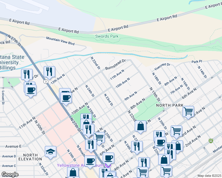 map of restaurants, bars, coffee shops, grocery stores, and more near 946 North 22nd Street in Billings