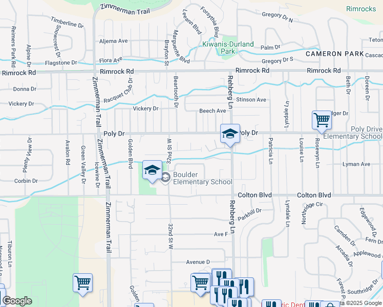 map of restaurants, bars, coffee shops, grocery stores, and more near 3174 Viola Lane in Billings