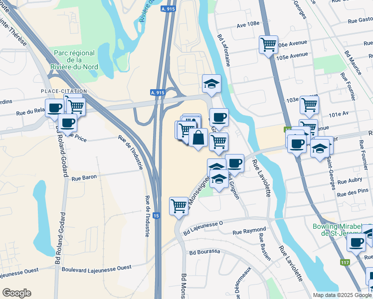 map of restaurants, bars, coffee shops, grocery stores, and more near 900 Boulevard Grignon in Saint-Jérôme