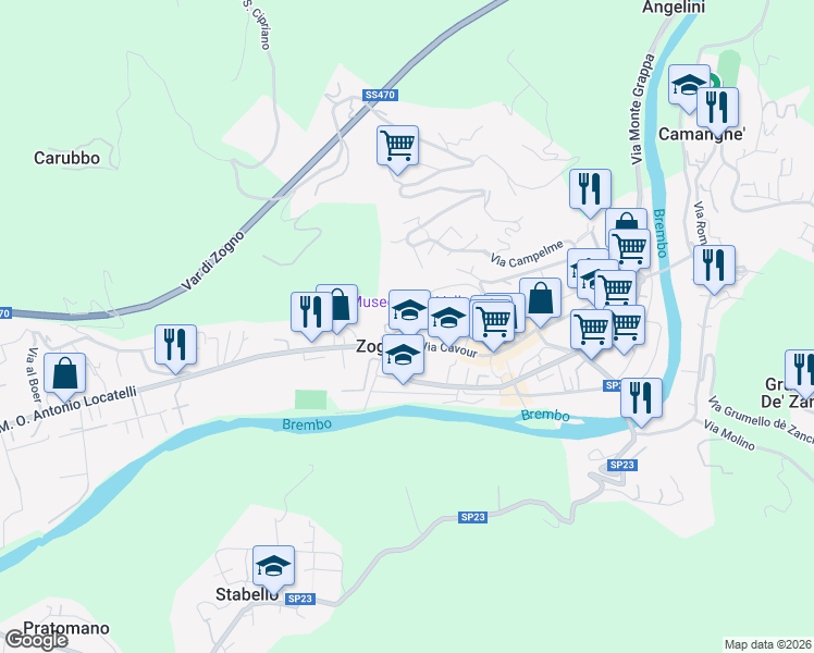 map of restaurants, bars, coffee shops, grocery stores, and more near in Zogno