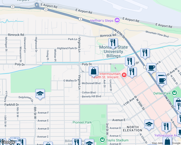 map of restaurants, bars, coffee shops, grocery stores, and more near 425 Grandview Boulevard in Billings