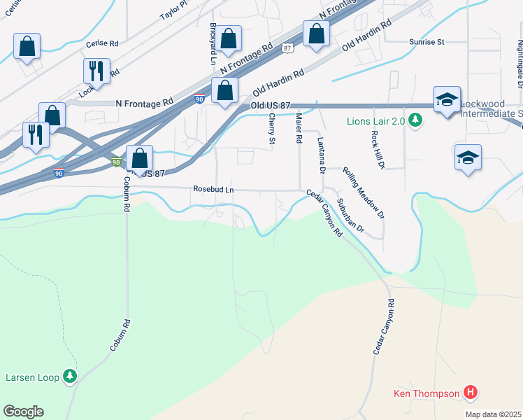 map of restaurants, bars, coffee shops, grocery stores, and more near 1506 Rosebud Lane in Billings