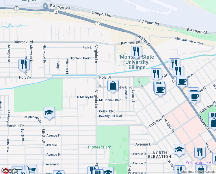 map of restaurants, bars, coffee shops, grocery stores, and more near 425 Grandview Boulevard in Billings