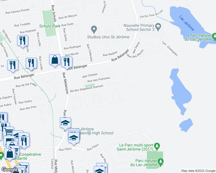 map of restaurants, bars, coffee shops, grocery stores, and more near 748 Boulevard des Seigneurs Dumont in Saint-Jérôme